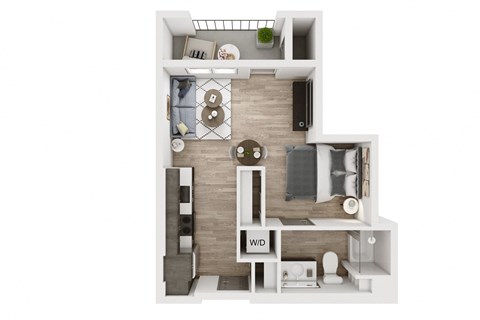 a stylized floor plan with a bedroom and a living room